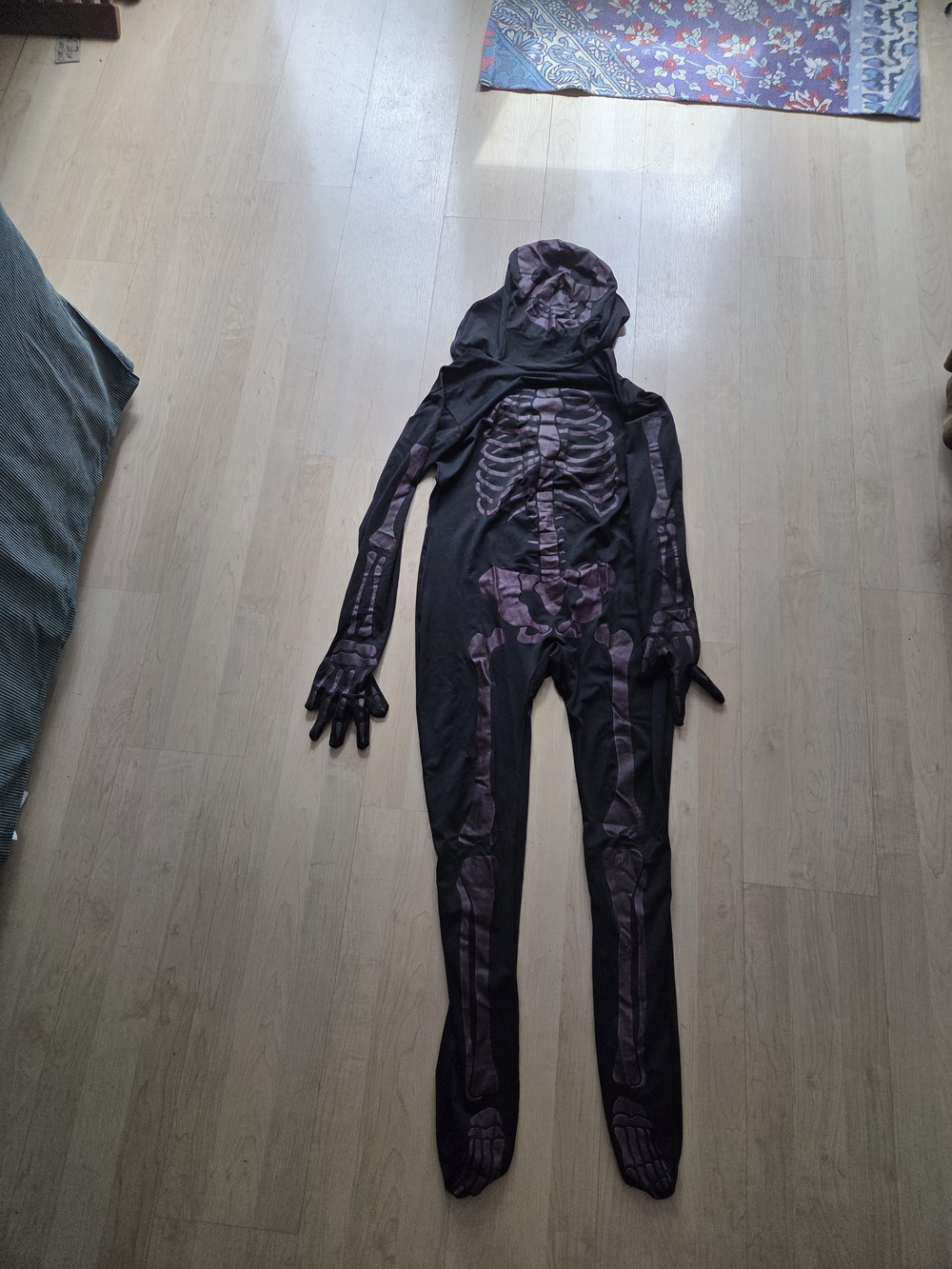 Spirit Black Skeleton Hooded Jumpsuit Costume with Purple Bones